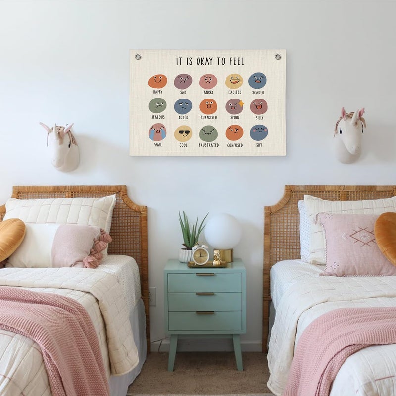 PLKMN It Is Okay To Feel, Mental Health Canvas Banner, Playroom Decor, Neutral Boho Canvas Banner Wall Hanging Flag, Boho Classroom Decor, Teacher Gifts for Classroom - Image 5
